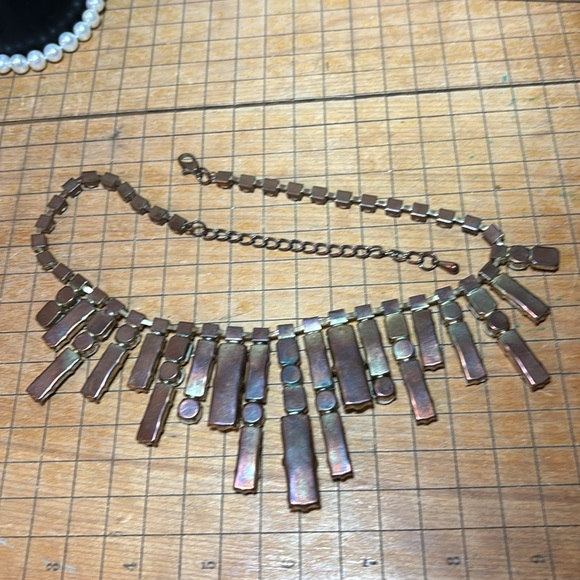 Costume Rhinestones White Gems Necklace 21”L Adj.  Aged Copper 60s 70s 80s EVC - Picture 5 of 9